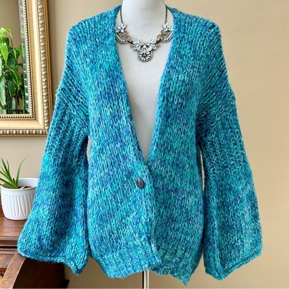 Free People Home Town Cardi Cardigan Sweater Arctic Turquoise Blue Alpaca Size S - Picture 4 of 14